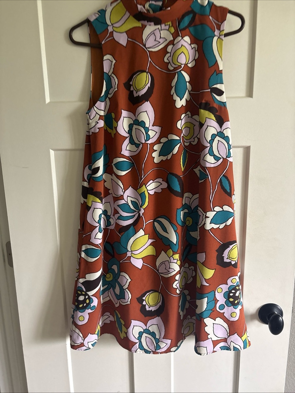 ModCloth Sz M Sleeveless Floral A-Line Dress Rust/Teal/Yellow Floral Print EUC